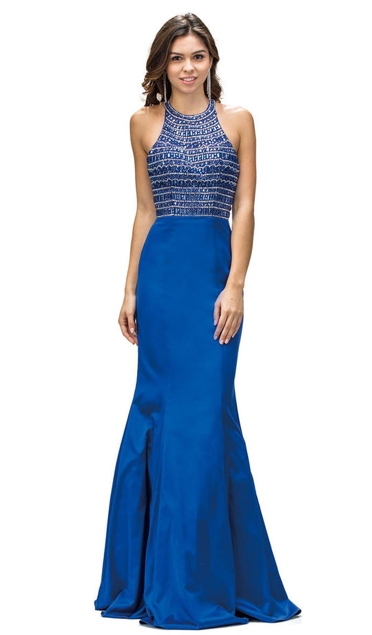 Dancing Queen - 9355 Sparkly Sequined Halter Style Evening Gown in Blue