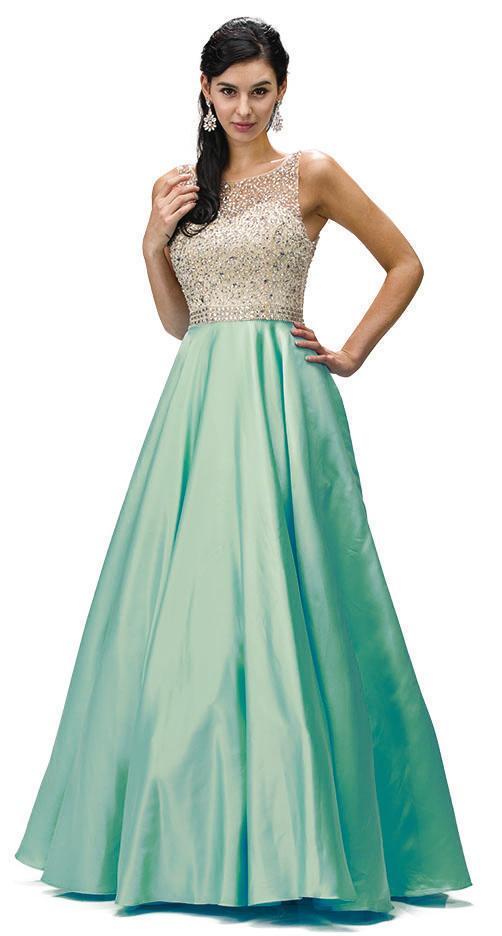 Long Open Back Satin Prom Dress In Green