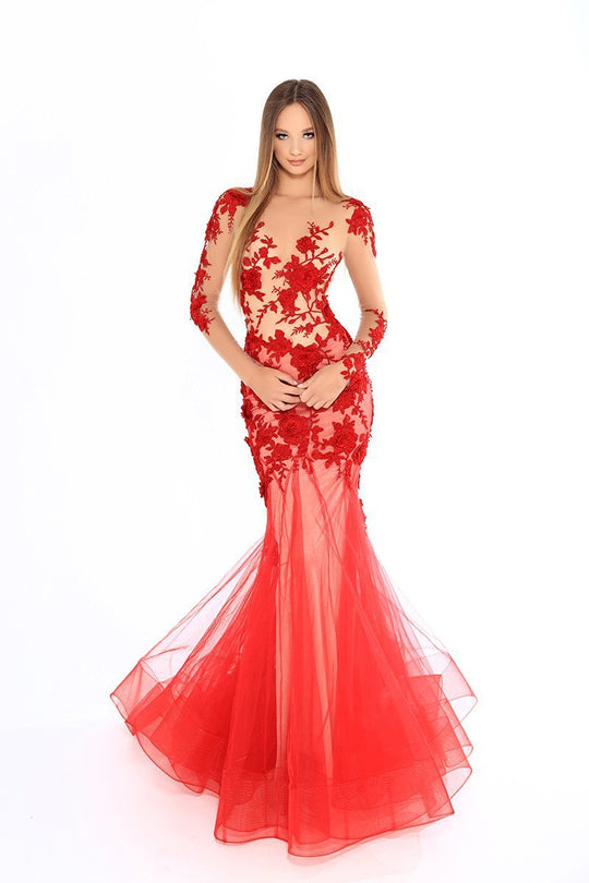 Tarik Ediz - 93601 Floral Embroidered Sheer Long Sleeve Mermaid Dress In Red