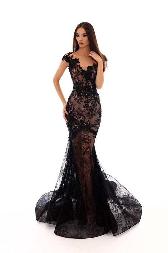 Tarik Ediz - 93602 Floral Embroidered Mermaid Dress With Train In Black