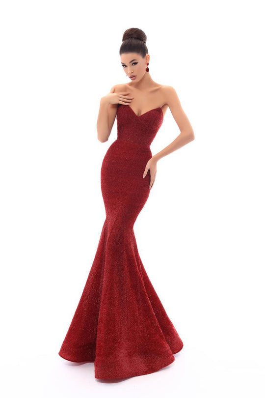 Tarik Ediz - 93612 Strapless Sweetheart Glitter Velvet Mermaid Gown In Red