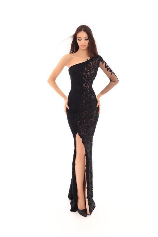 Tarik Ediz - 93614 Embellished Single Long Sleeve Trumpet Dress