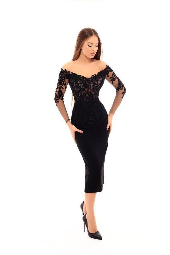 Tarik Ediz - 93615 Beaded Off-Shoulder Tea Length Fitted Dress