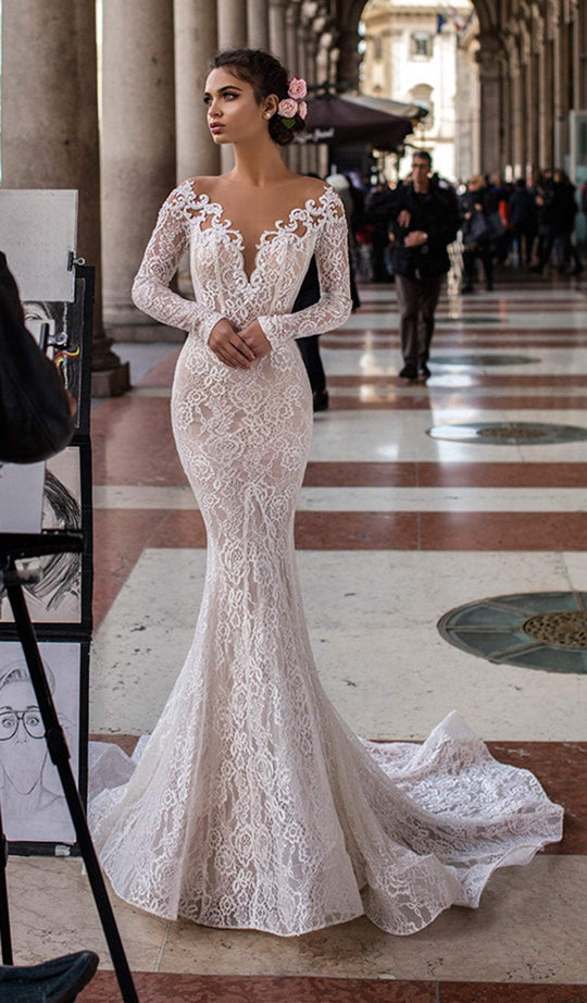 Tarik Ediz - 93623 Beaded Lace Illusion Off Shoulder Mermaid Gown In White