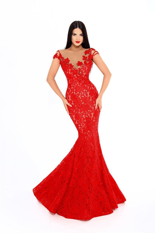Tarik Ediz - 93626 Lace Illusion Neck Mermaid Dress With Train In Red