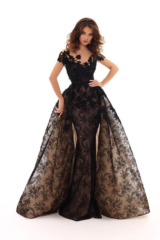 Tarik Ediz - 93627 Lace Embroidered Dress With Detachable Train In Black