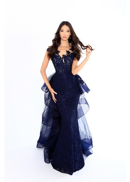 Tarik Ediz - 93629 Floral Embroidered Dress With Tulle Train In Blue