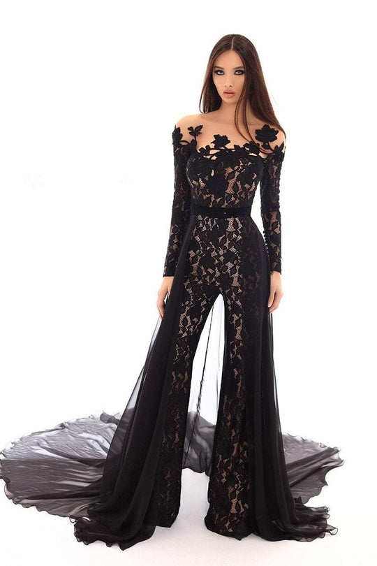 Tarik Ediz - 93630 Floral Long Sleeves Jumpsuit with Train In Black