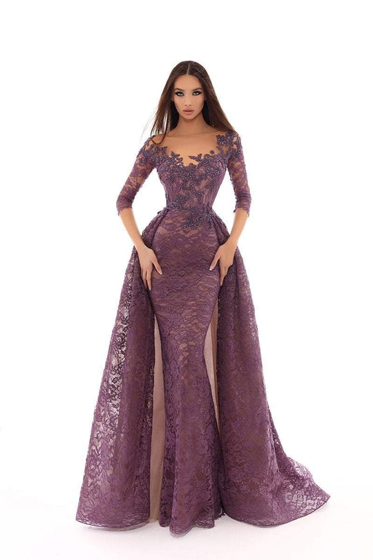 Tarik Ediz - 93633 Embroidered Illusion Neck Dress With Overskirt In Purple