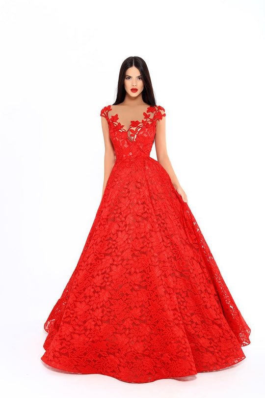 Tarik Ediz - 93637 Sleeveless Lace Illusion Bateau Ballgown In Red