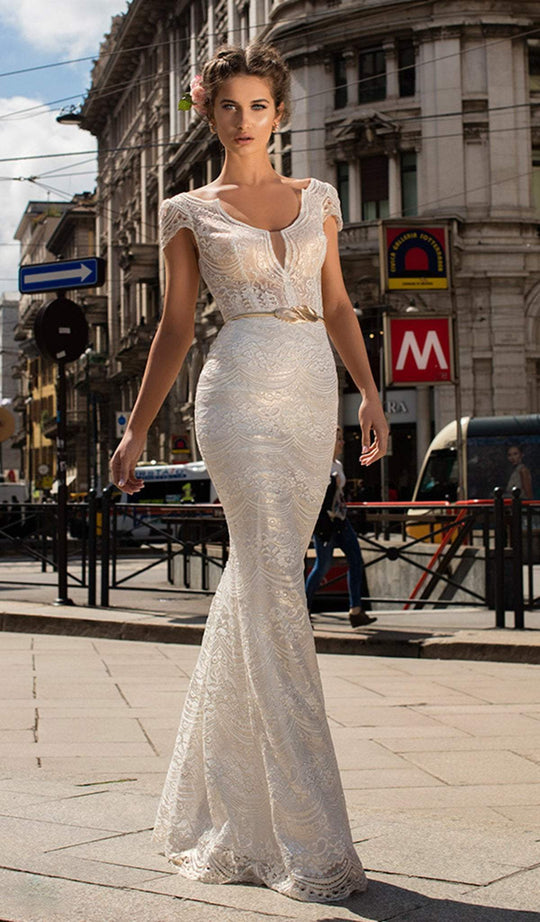 Tarik Ediz - 93638 Floral Lace Sheath Evening Dress In White