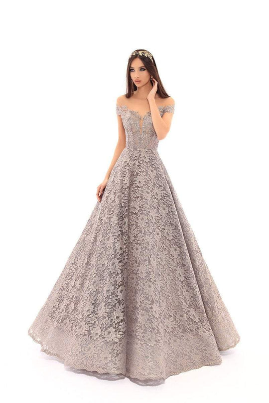 Tarik Ediz - 93639 Floral Lace Illusion Pleated Ballgown In Blue and Gray