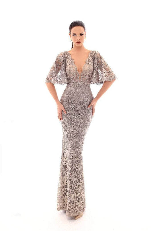 Tarik Ediz - 93640 Lace Plunging V-Neck Bat Evening Dress In Gray and Blue