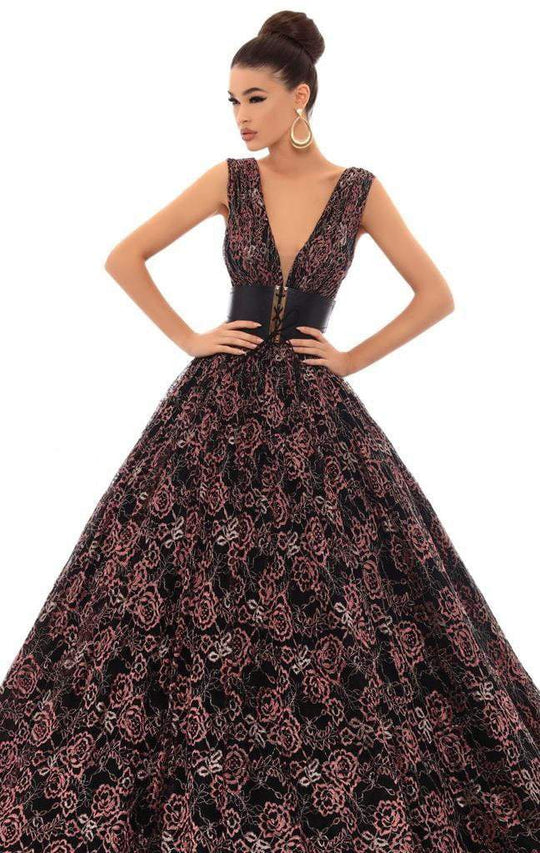 Tarik Ediz - 93641 Plunging Floral Lace Obi Ballgown