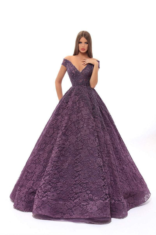 Tarik Ediz - 93649 Floral Embroidered Off-Shoulder Ballgown In Purple