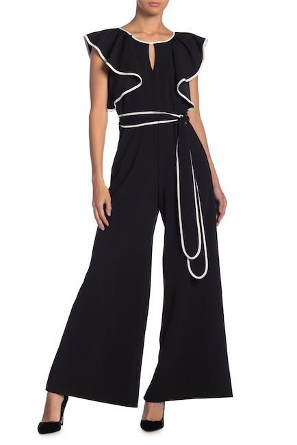 Taylor - 1139MJ Ruffle and Tie Accent Crepe Jumpsuit in Black