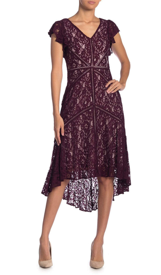 Taylor - 9824M Lace V-neck High Low A-line Dress In Red
