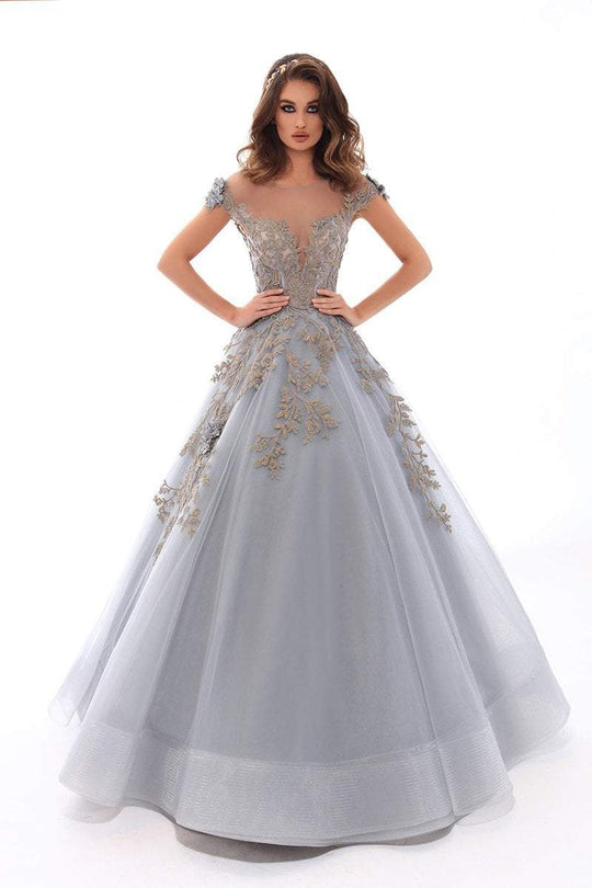 Tarik Ediz - 93653 Floral Embroidered Illusion Bateau Ballgown In Blue