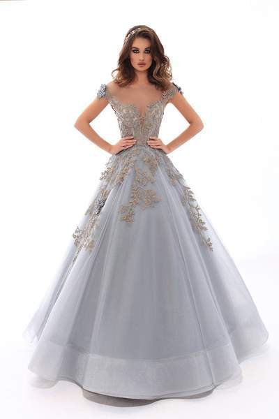 Tarik Ediz - Floral Embroidered Illusion Bateau Ballgown 93653 In Blue