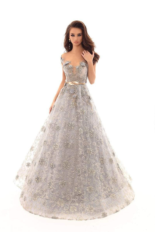 Tarik Ediz - 93654 Floral Applique Illusion Neck A-line Dress In Blue