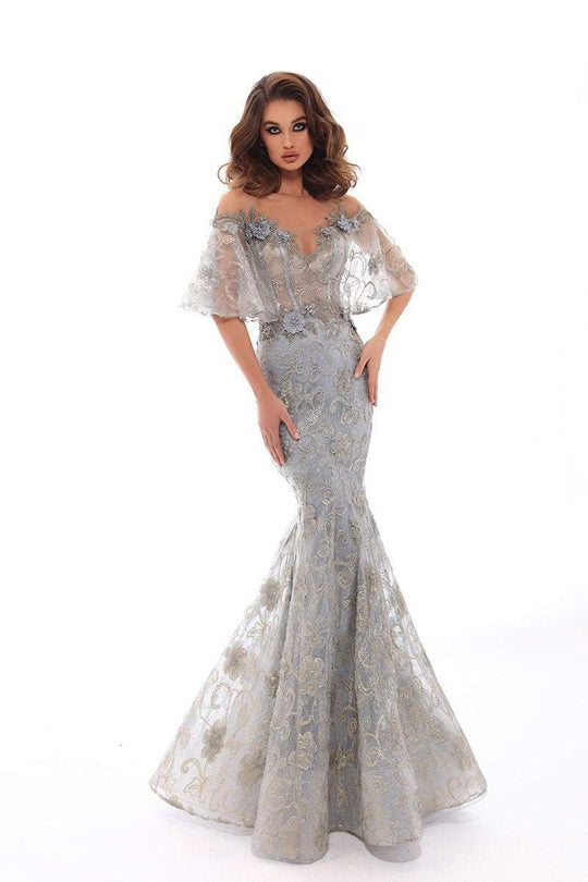 Tarik Ediz - 93660 Floral Applique Mermaid Dress With Train In Blue