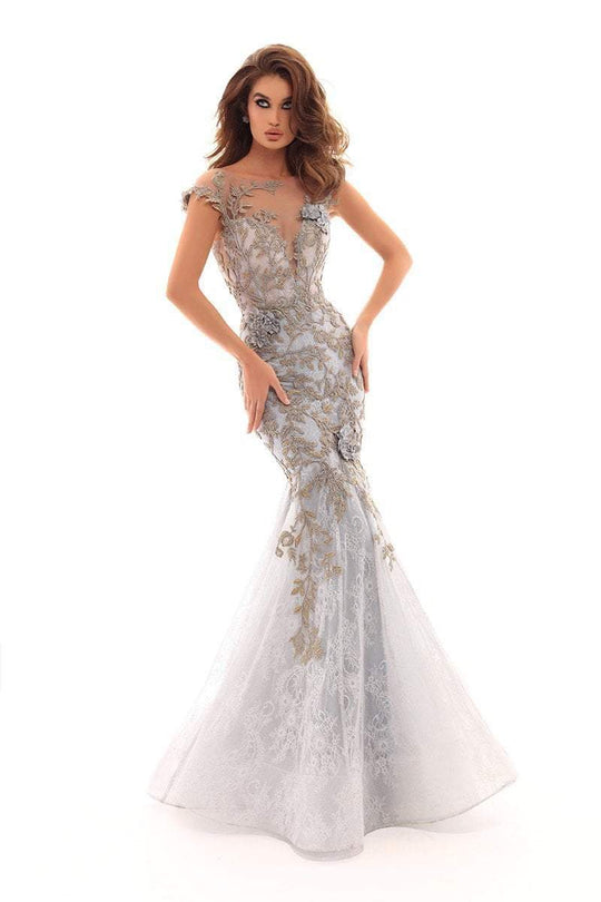 Tarik Ediz - 93661 Floral Embroidered Illusion Bateau Mermaid Dress In Blue