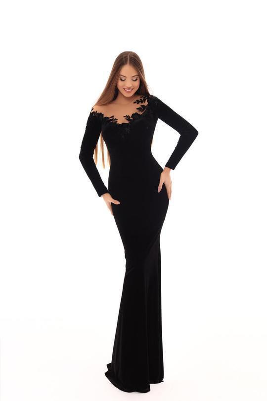 Tarik Ediz - 93663 Floral Applique Long Sleeve Velvet Trumpet Dress