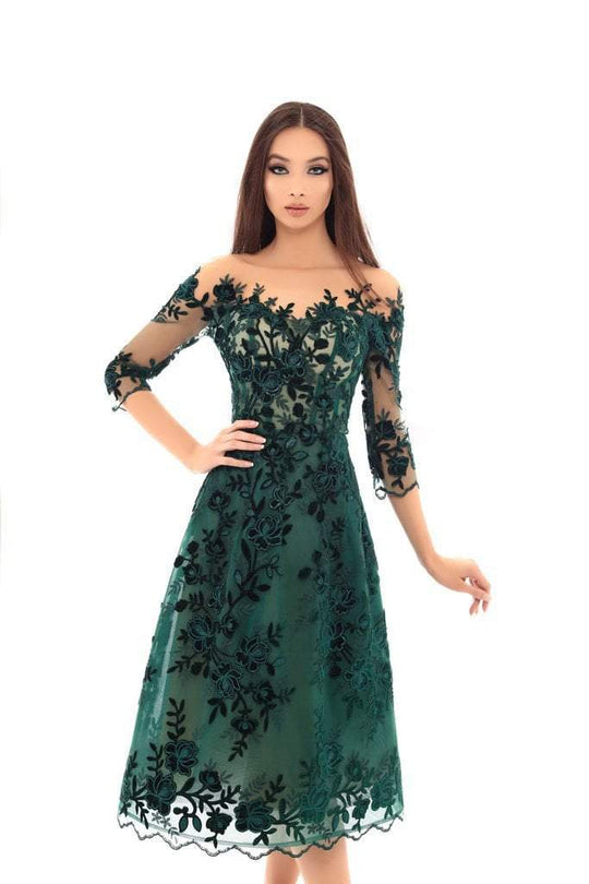 Tarik Ediz - 93667 Floral Sequined Illusion Neck A-line Dress