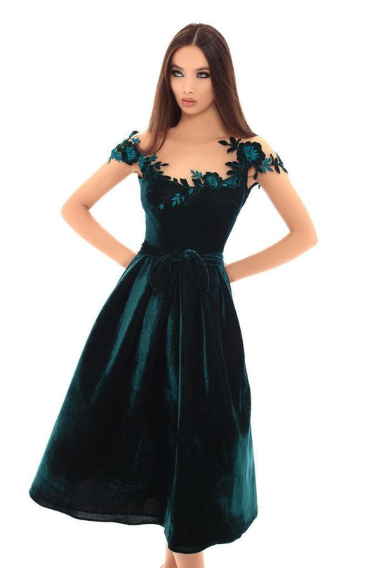 Tarik Ediz - 93668 Floral Embroidered Cap Sleeve A-line Dress