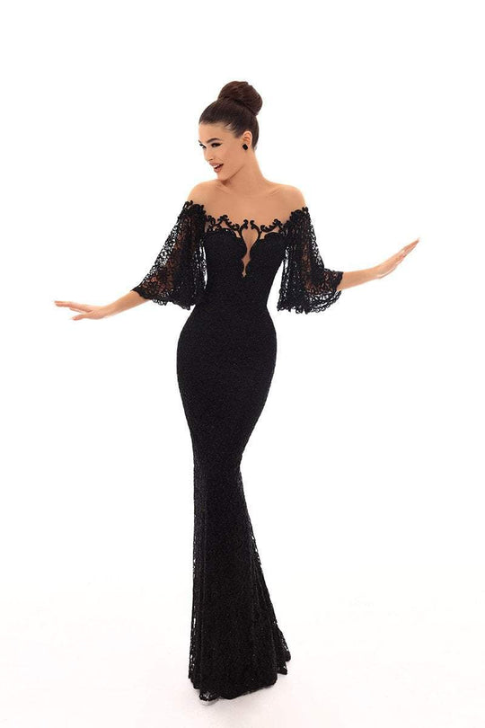 Tarik Ediz - 93671 Lace Bat Sleeve Illusion Bateau Trumpet Dress In Black