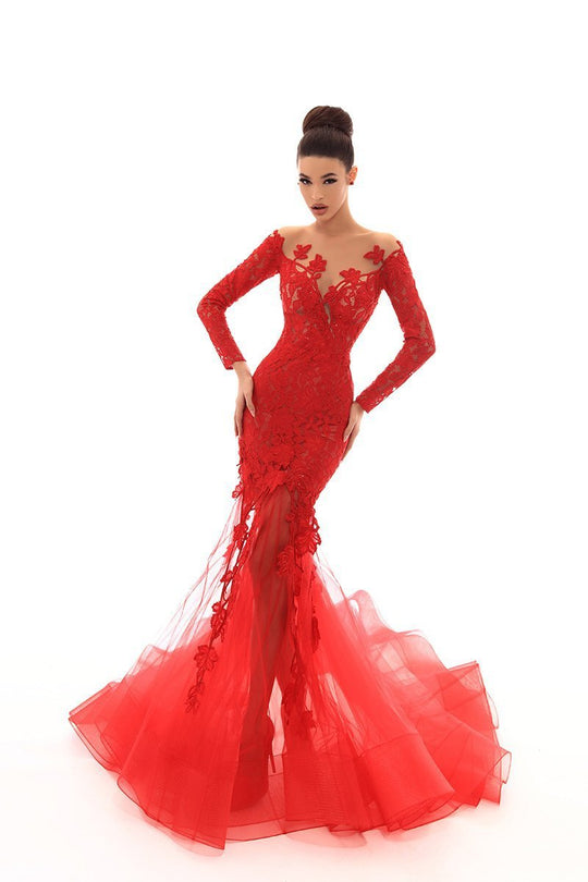 Tarik Ediz - 93672 Floral Embroidered Long Sleeve Mermaid Dress In Red