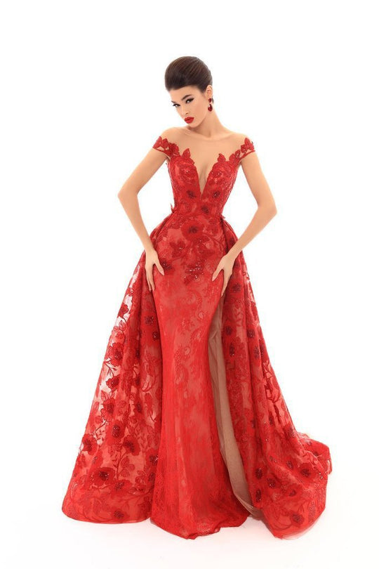 Tarik Ediz - 93673 Floral Lace Illusion Bateau Dress With Overskirt