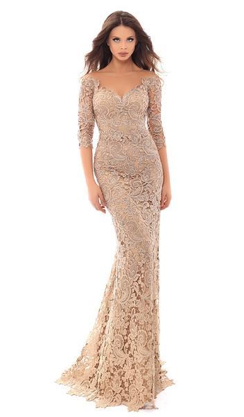 Tarik Ediz - Floral Lace Illusion Neck Sheath Dress With Train 93675 In Gold