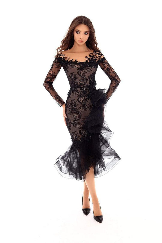Tarik Ediz - 93679 Embellished Lace Long Sleeve Tulle Trumpet Dress In Black