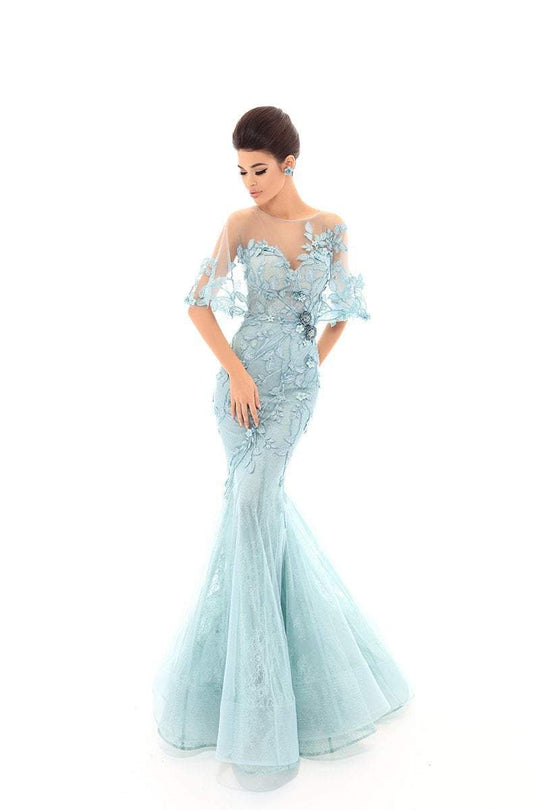 Tarik Ediz - 93694 Illusion Draped Trailing Foliage Lace Gown In Blue