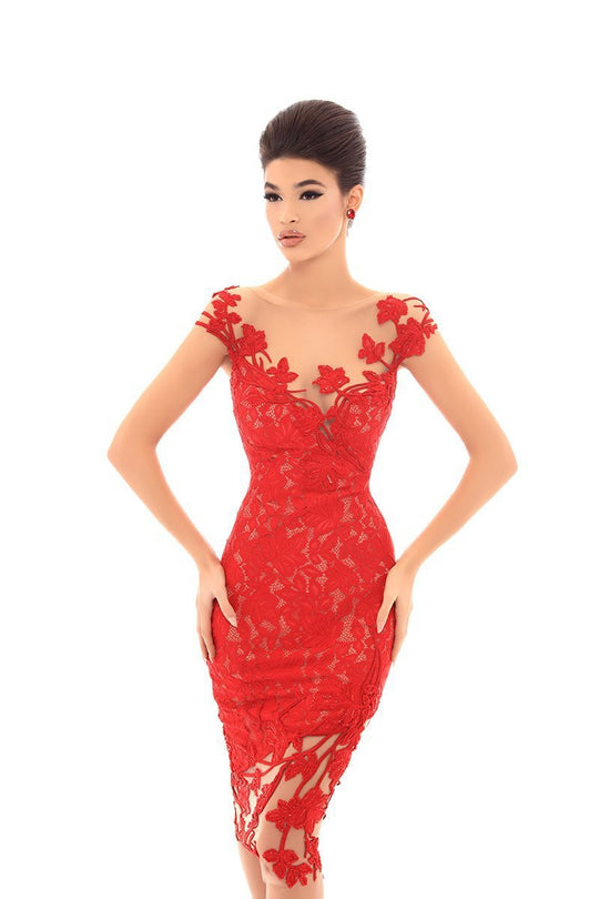 Tarik Ediz - 93695 Floral Embroidered Illusion Bateau Fitted Dress In Red