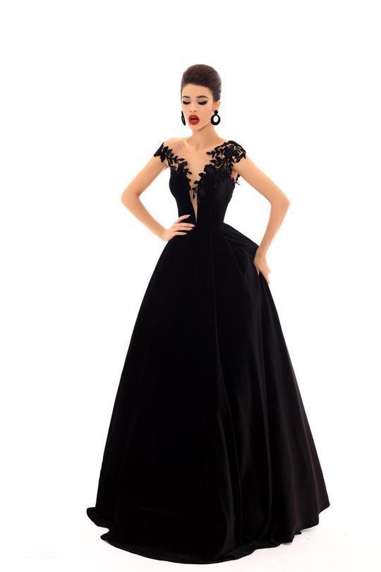 Tarik Ediz - 93697 Floral Applique Cap Sleeve Velvet Ballgown
