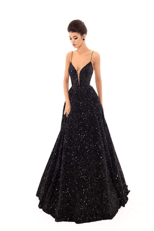Tarik Ediz - 93699 Sequined Deep V-neck A-line Dress In Black