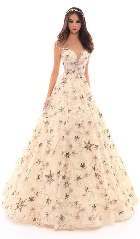 Tarik Ediz - 93704 Sequined Lace Illusion Neck Ballgown In Neutral