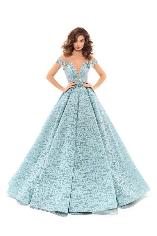 Tarik Ediz - 93706 Lace Embroidered Pleated Ballgown In Blue