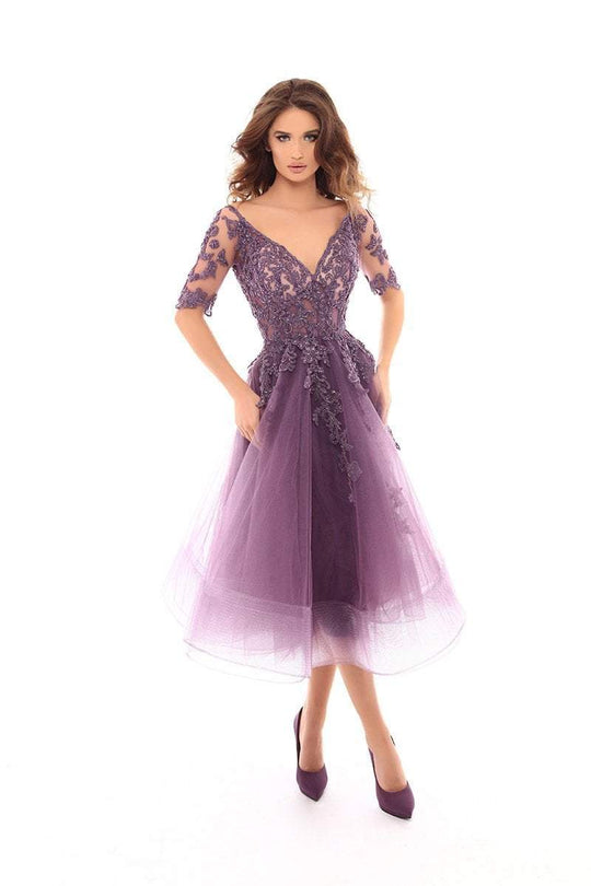 Tarik Ediz - 93721 Lace Embroidered V-Neck Tea Length Dress In Purple
