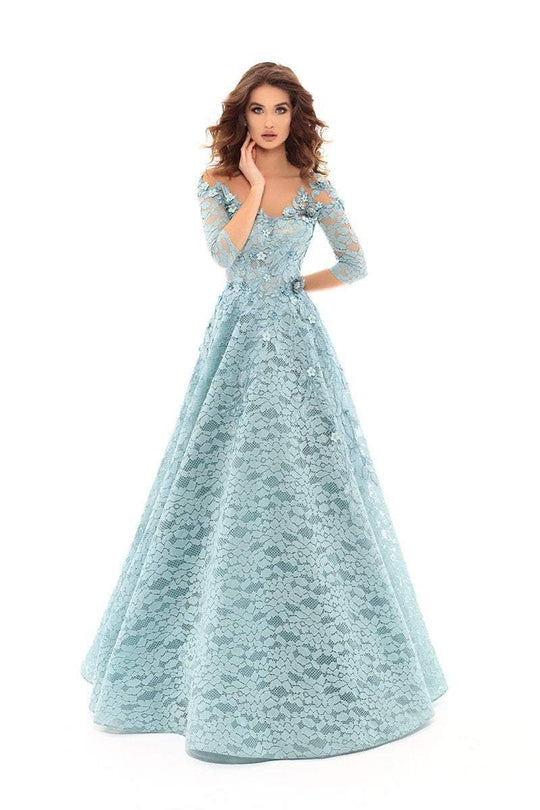Tarik Ediz - 93722 Floral Applique and Lace A-line Dress In Blue