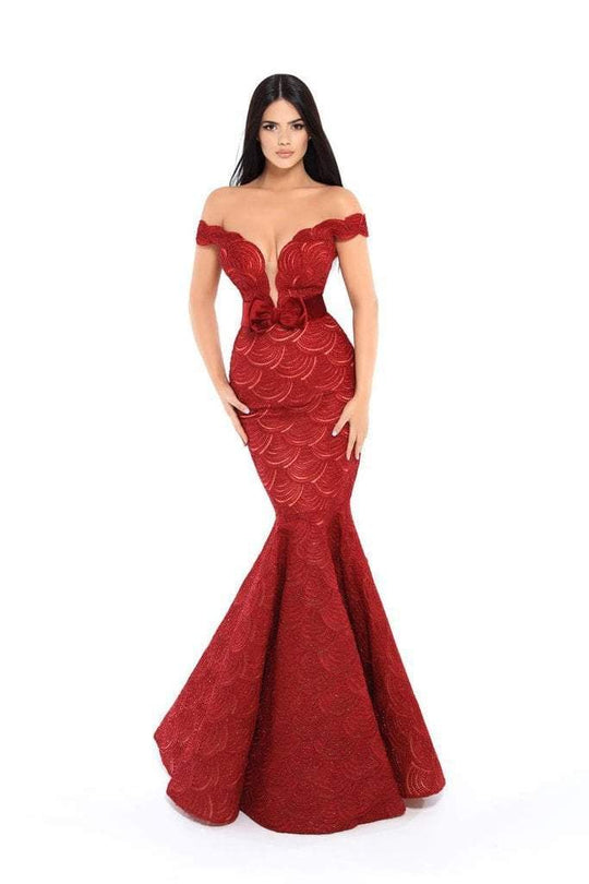 Tarik Ediz - 93724 Lace Accented Plunging Off-Shoulder Mermaid Dress