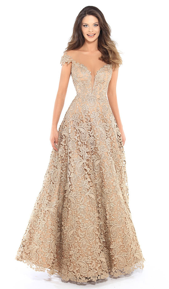 Tarik Ediz - 93739 Floral Lace Illusion Neck A-line Dress In Gold