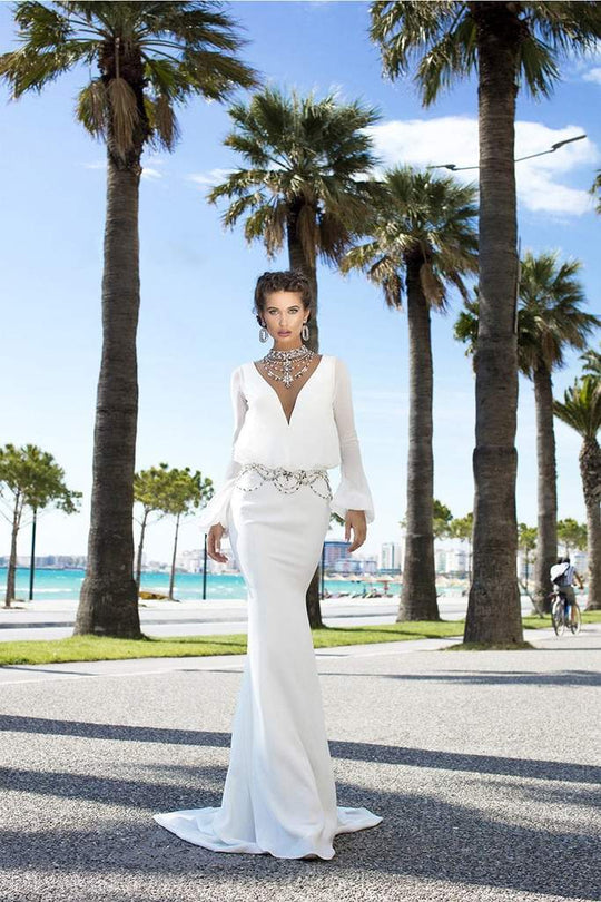 Tarik Ediz - Embellished Deep V-neck Trumpet Dress 93742 In White