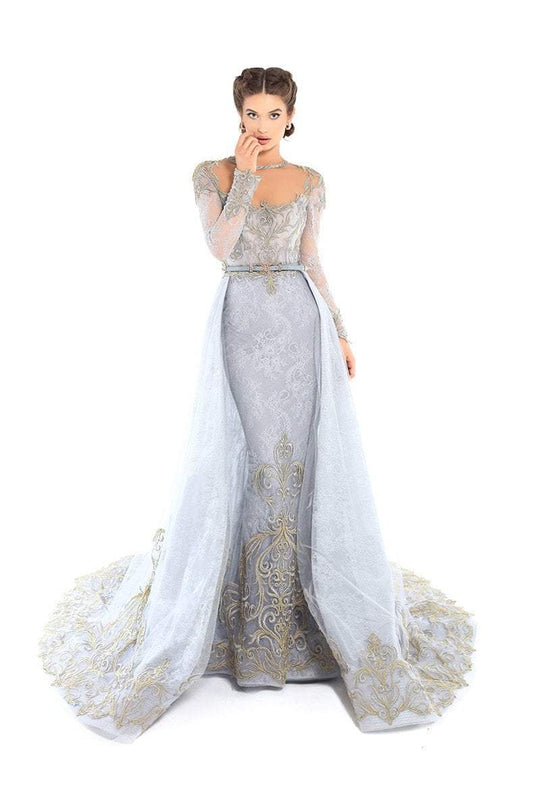 Tarik Ediz - 93754 Illusion Jewel Lace Embroidered Evening Gown In Blue and Gray