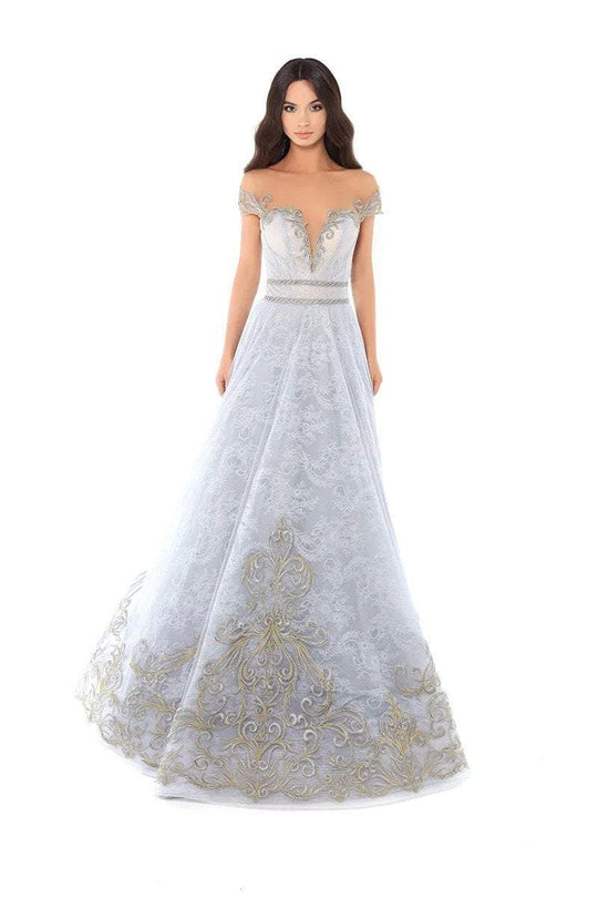Tarik Ediz - 93755 Illusion Off-Shoulder A-Line Evening Gown In Blue and Gray