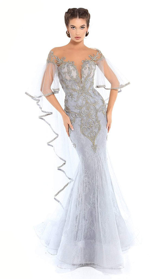 Tarik Ediz - 93756 Lace Embroidered Mermaid Dress With Train In Blue