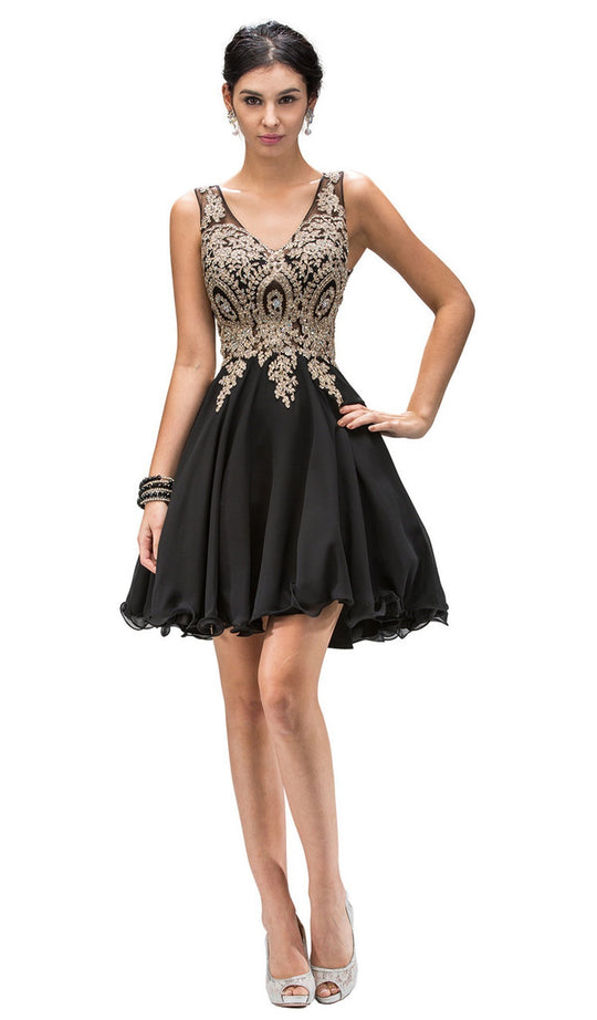 Dancing Queen - 9384 Sleeveless Gold Lace Bodice V-Neck Cocktail Dress