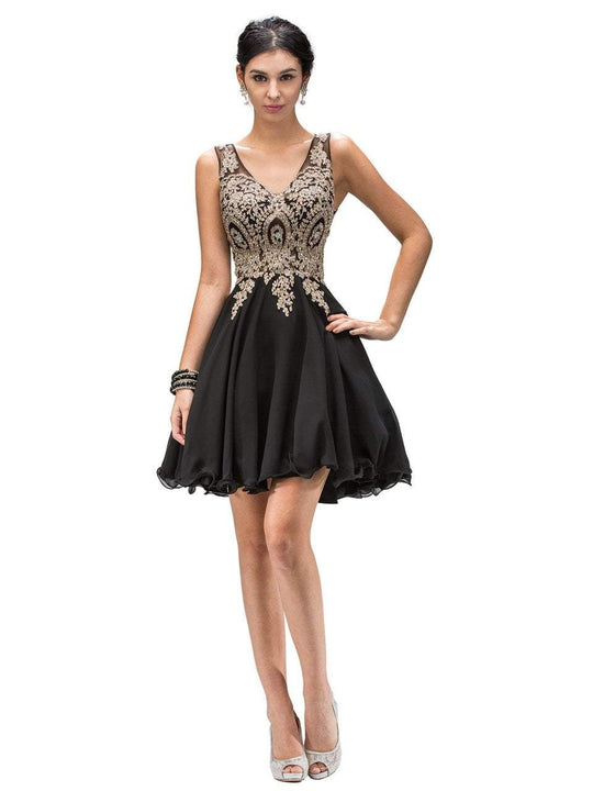 Dancing Queen - 9384 Embroidered V-neck A-line Dress in Black